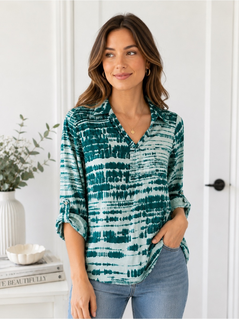 Kelly by Clinton Kelly Small Teal Tie Dye Button Down Blouse Roll Tab Sleeve